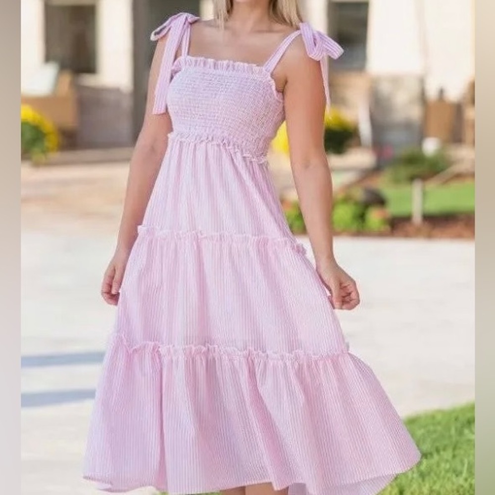Simply Southern Light Pink Smocked Seersucker Tiered Midi Dress